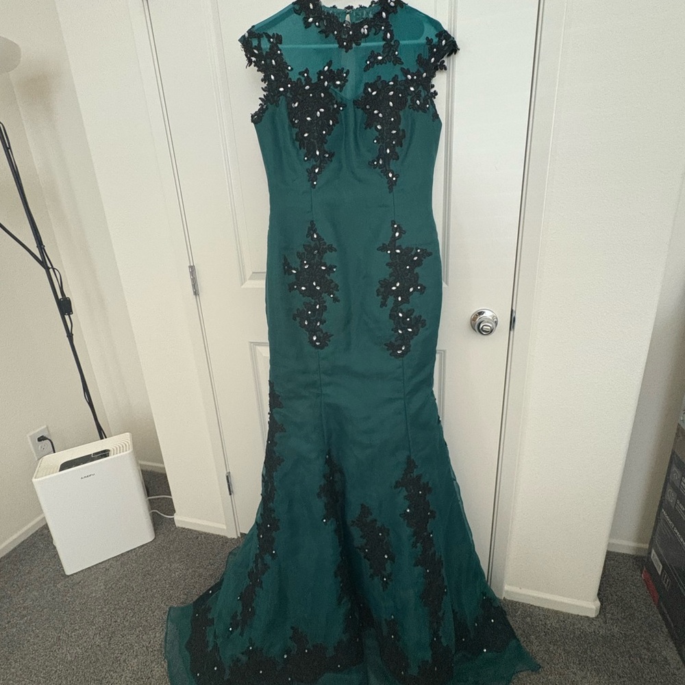 Emerald Green Embellished Maxi Gown with Mock Neck